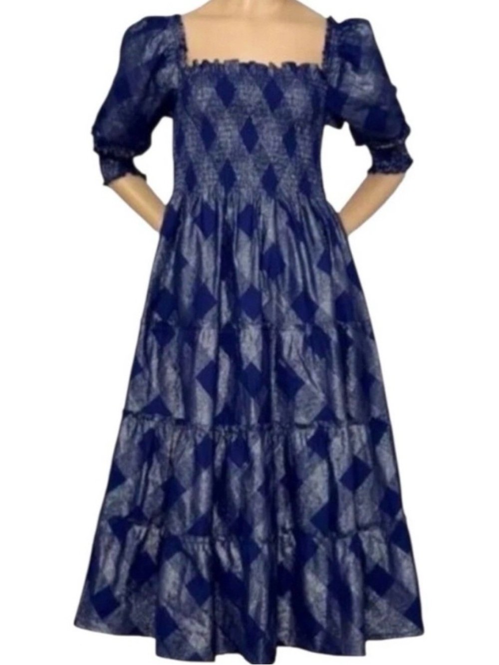 Hill House The Nesli Nap Midi Dress Navy Blue/Silver Metallic Plaid Size Small